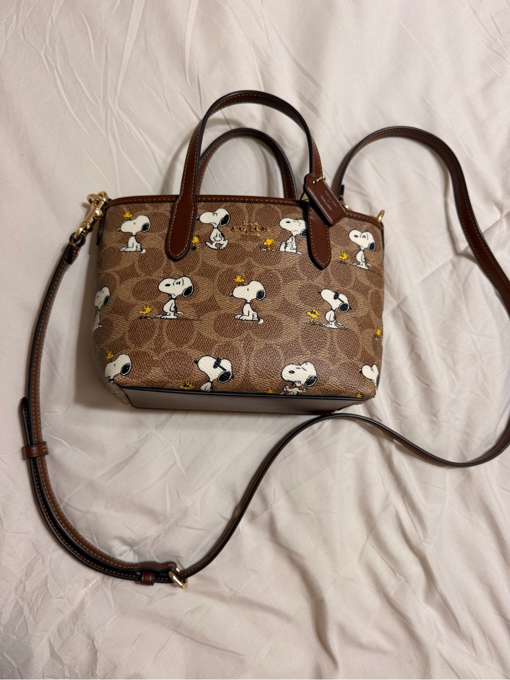 Coach Brown Signature Canvas Crossbody with Snoopy Print
